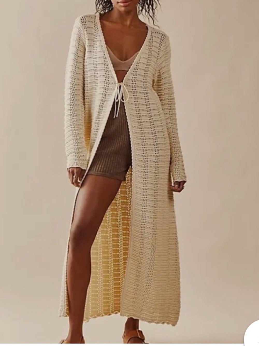 💥💥SALE!!💥💥 FP Beach Landry Fauxchet Maxi Cream Long Crochet Cardigan front tie